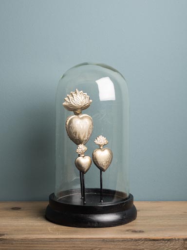 Glass dome with ex-voto heart boxes on stand