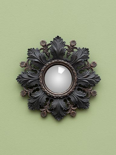 Miroir convexe feuilles noires et fleurs