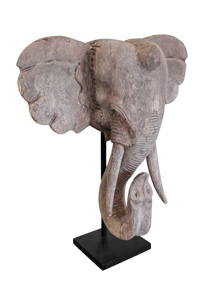 Elephant head on stand in albesia wood - 2