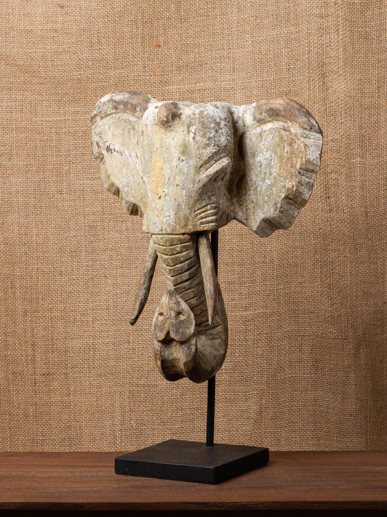 Elephant head on stand in albesia wood - 1