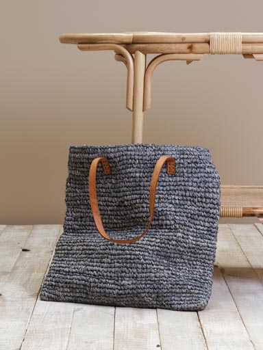 Sac gris raffia et cuir