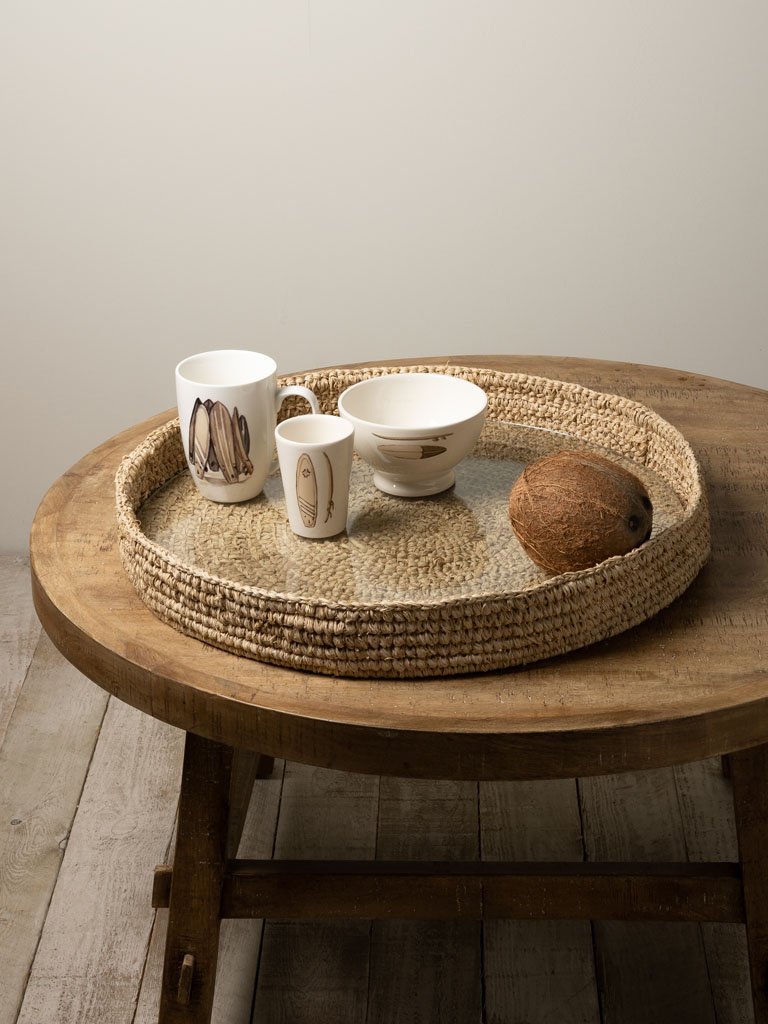 Plateau rond raffia et verre - 1