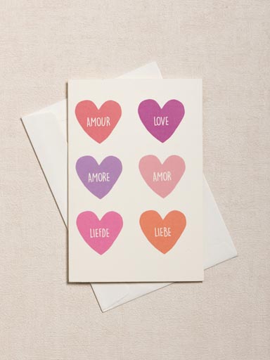 Postcard Love in 6 languages with enveloppe