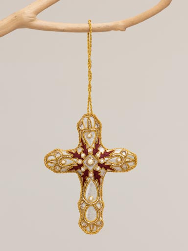 Hanging hand embroidered cross with sequins