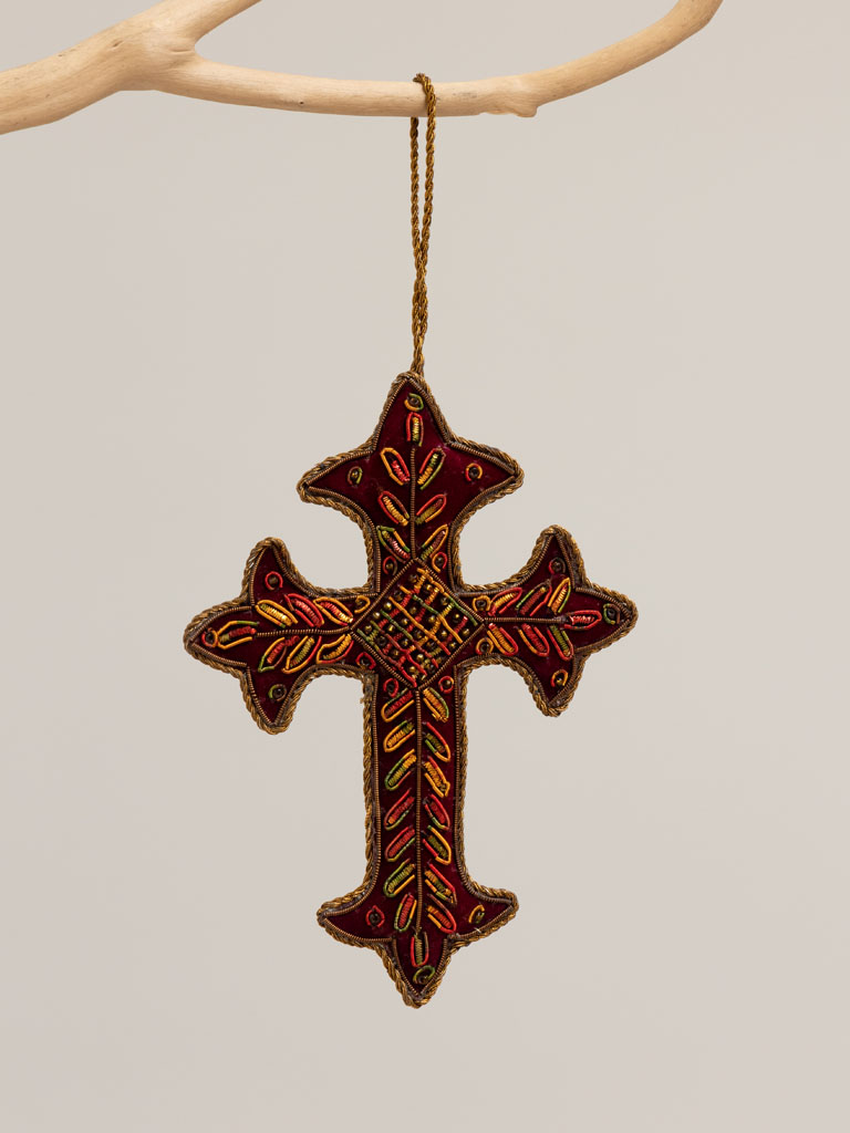 Embroidered hanging burgundy cross - 1