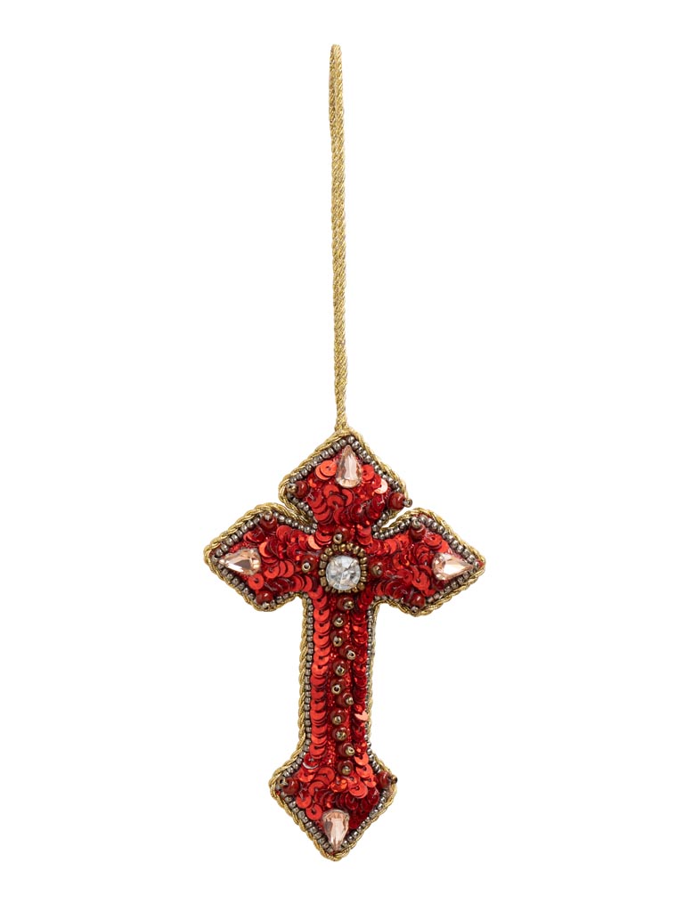 Hanging hand embroidered red cross with diamonds - 2