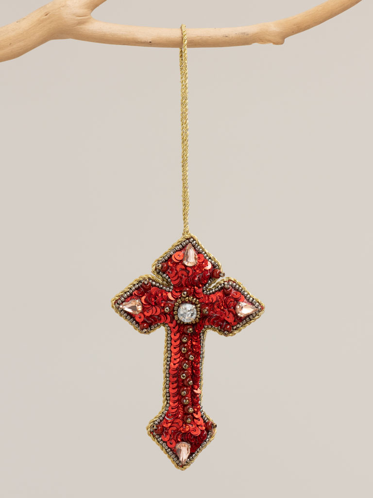 Hanging hand embroidered red cross with diamonds - 1