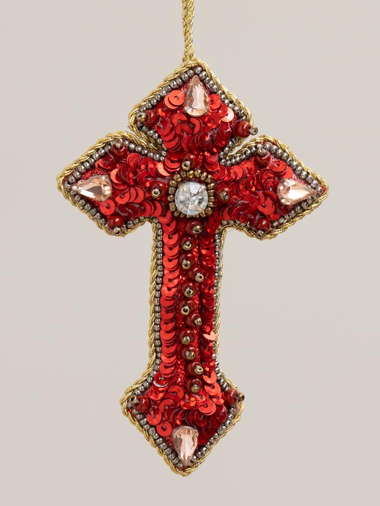 Hanging hand embroidered red cross with diamonds - 3