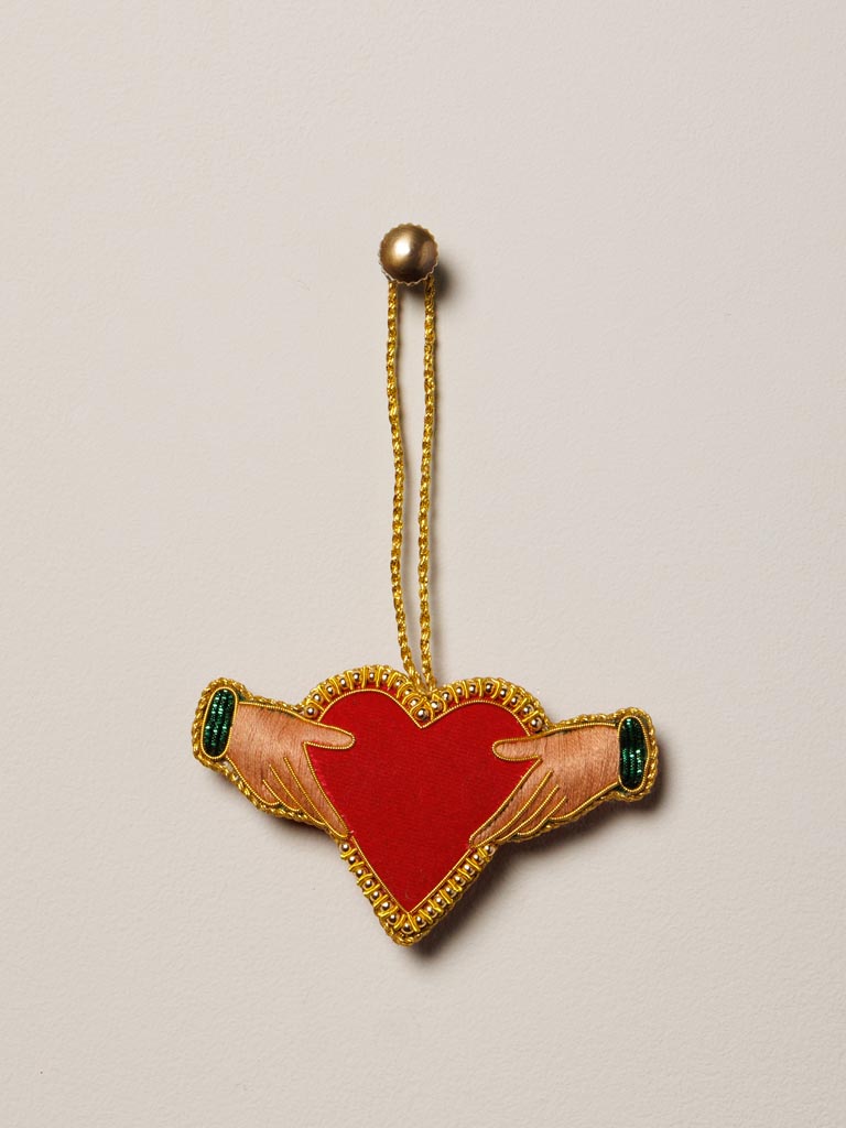 Hanging hand embroidered heart & hands - 1