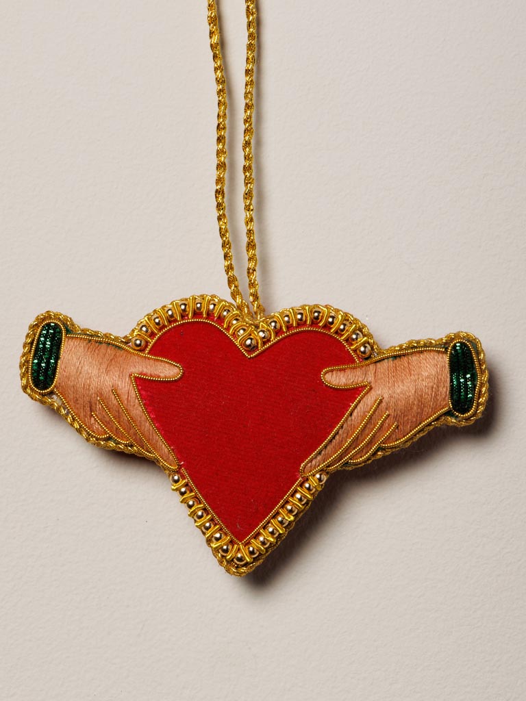 Hanging hand embroidered heart & hands - 3