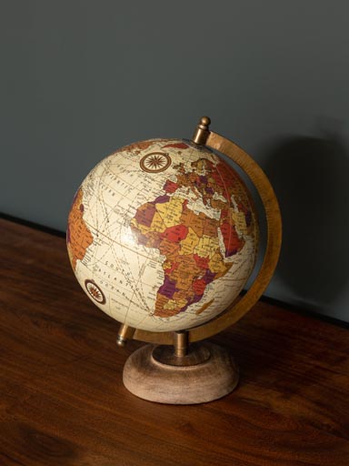Mappemonde crème 16cm base bois