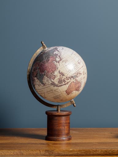Mappemonde 20cm bordeau sur cylindre bois foncé