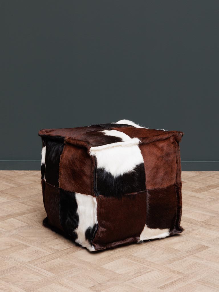 Pouf marron carré peau de vache - 1