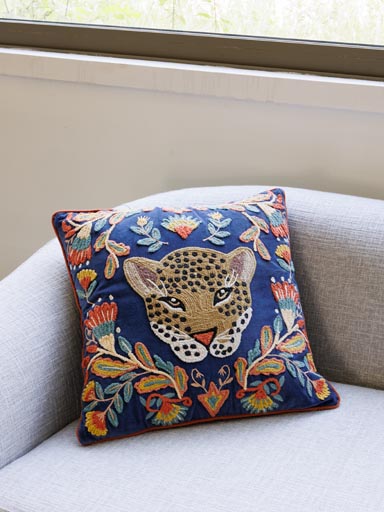 Embroidered cushion flowery leopard