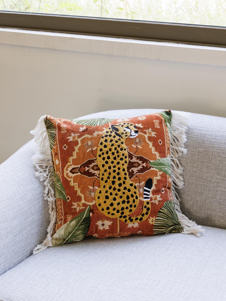 Cushion with fringes leopard Terra di Sienna - 1