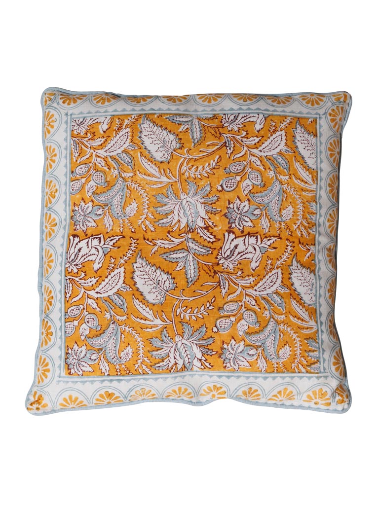 Flowery blockprint cushion curry - 2