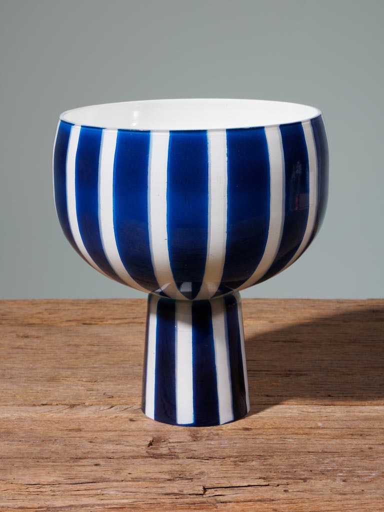 Vase rayé sur pied bleu et blanc - 5