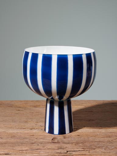 Stripped vase on foot white and blue