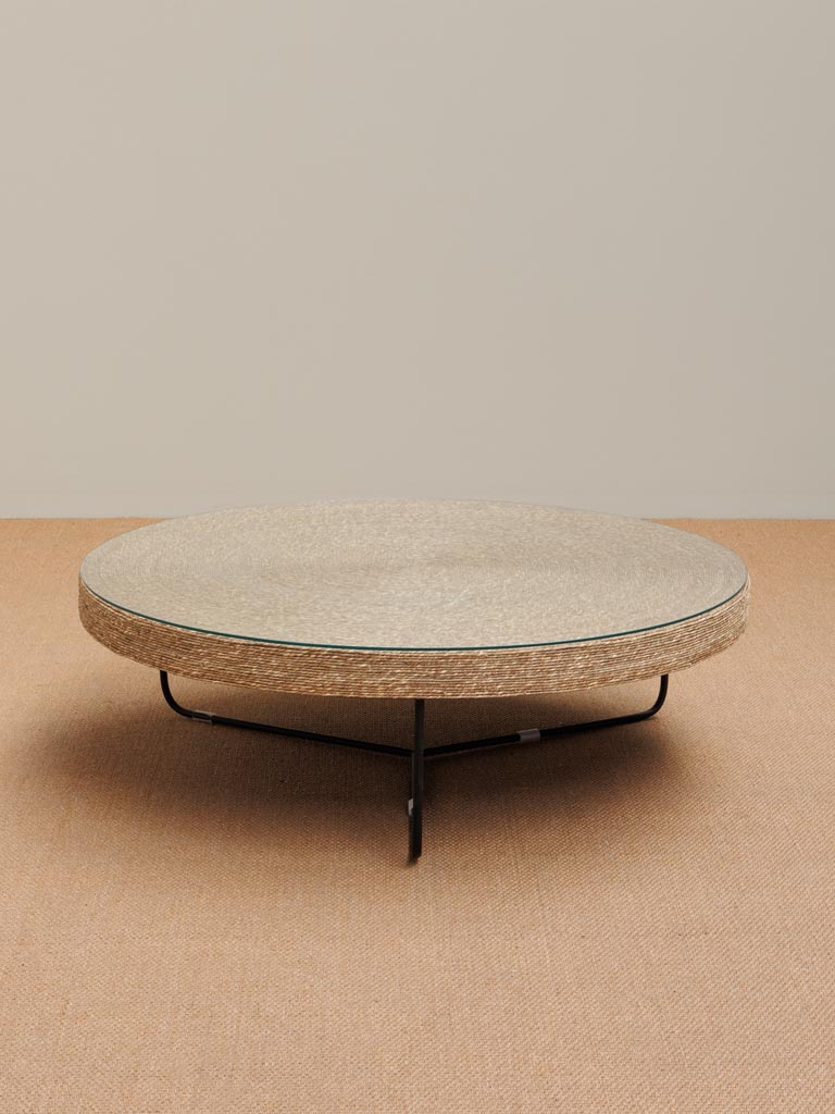 Table basse jute tressée et top en verre - 1