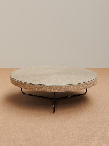 Table basse jute tressée et top en verre