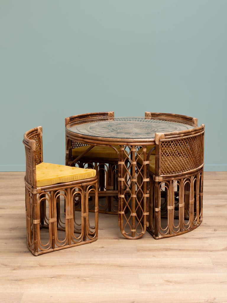 Table ronde & 4 chaises coussin ocre Mandala - 1