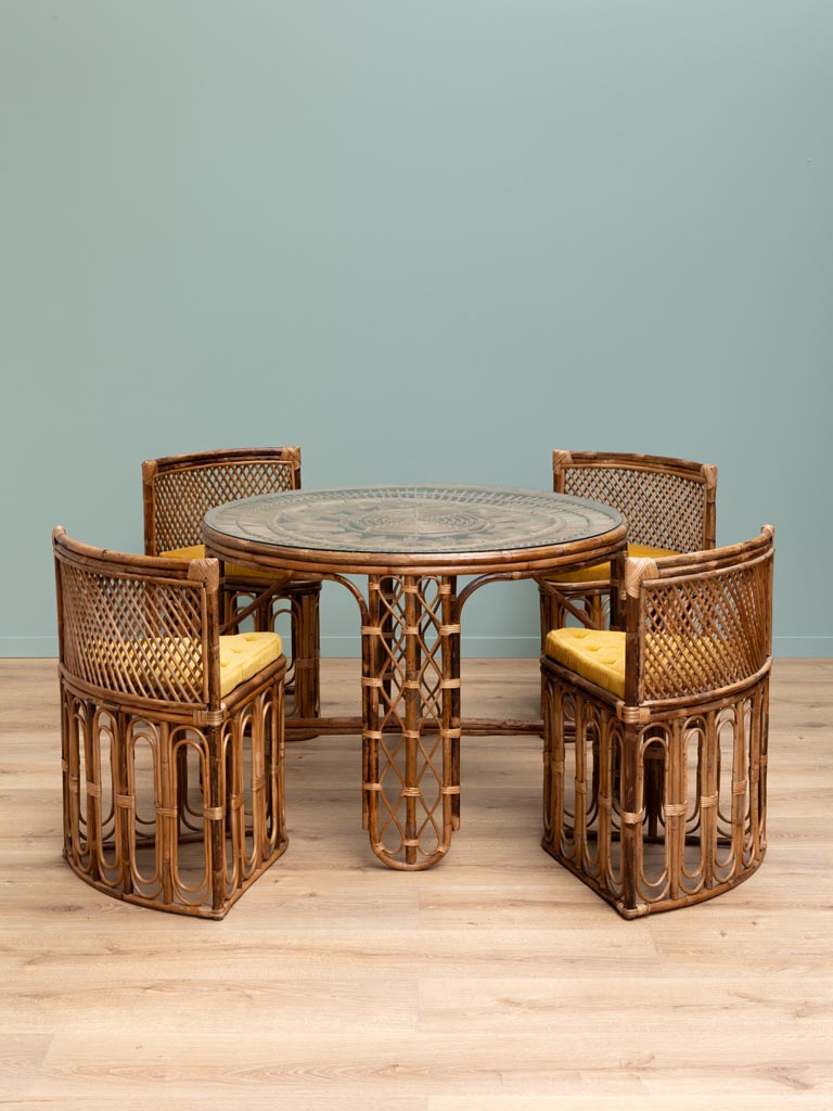 Table ronde & 4 chaises coussin ocre Mandala - 12