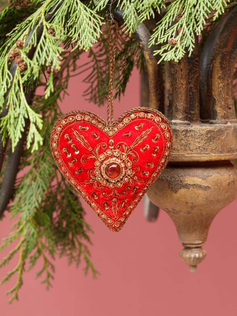 Embroidered red velvet hanging heart - 1