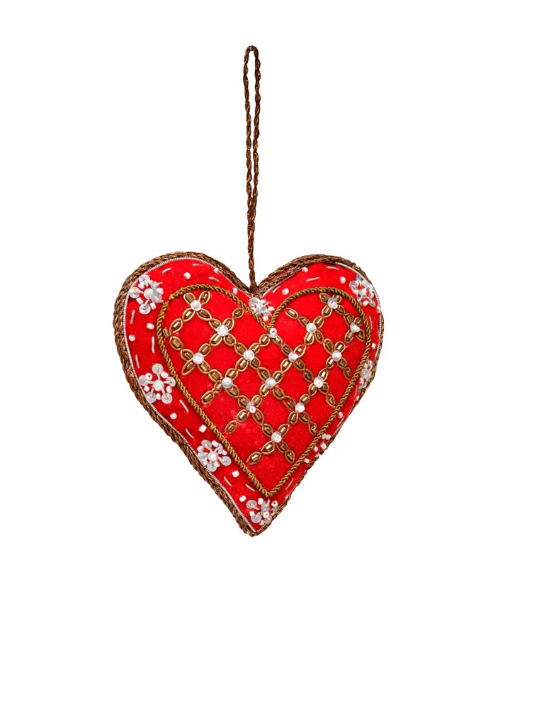 Embroidered red velvet hanging heart with gold - 2