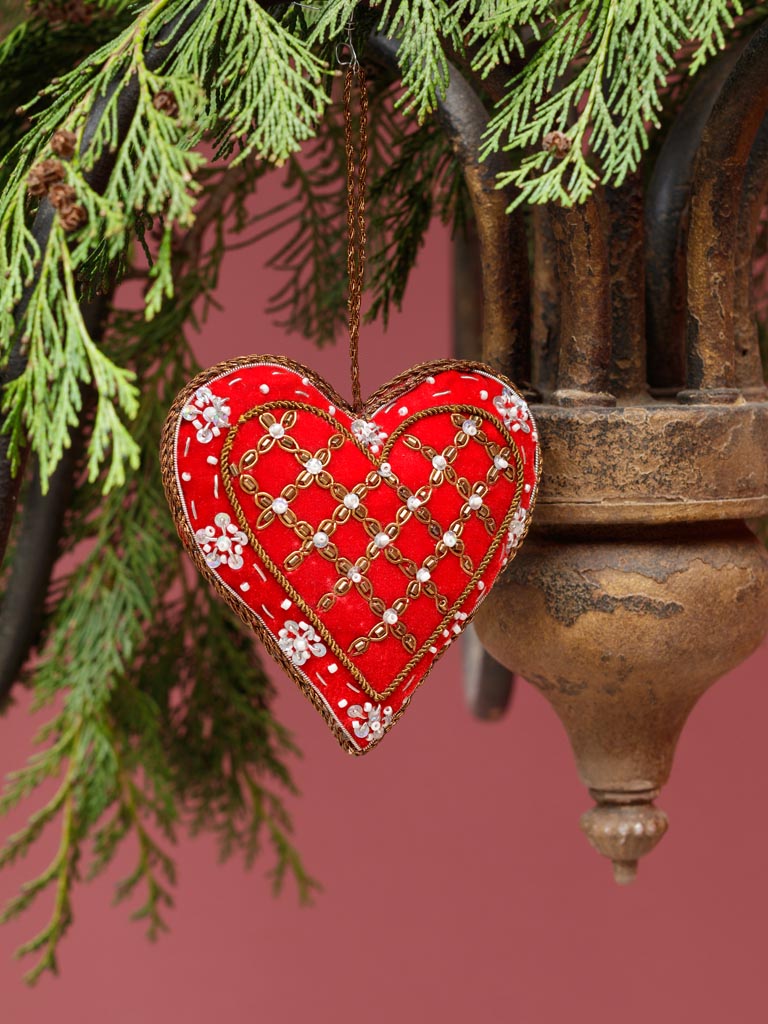 Embroidered red velvet hanging heart with gold - 1