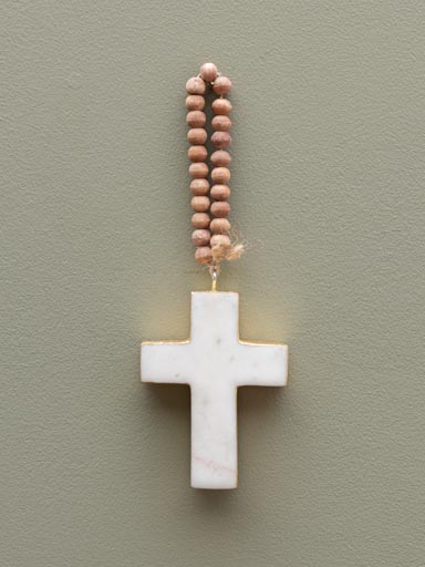 Marble cross ornament with wooden beads