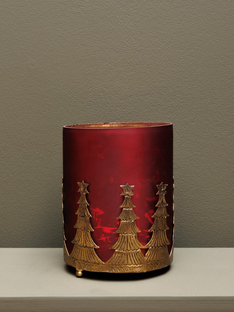 Grand photophore rouge et sapins dorés - 1