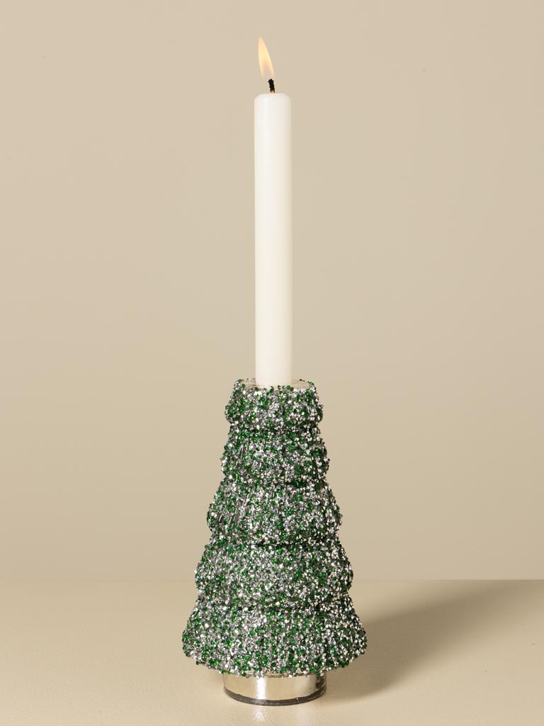 Bougeoir sapin pailleté vert et argent - 1