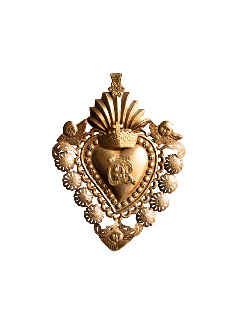 Hanging Ex-voto heart & angels gold & copper - 2