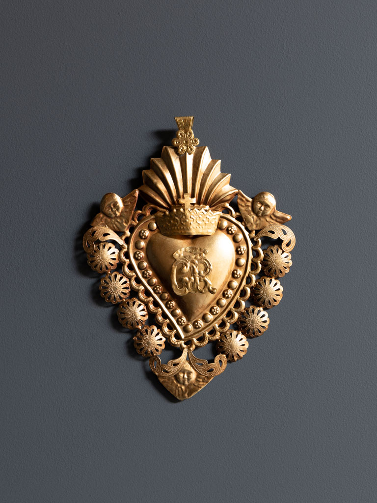 Hanging Ex-voto heart & angels gold & copper - 1