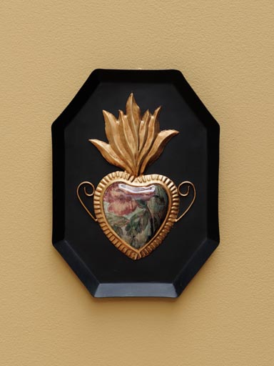 Flowery Ex-voto heart on octogonal black frame
