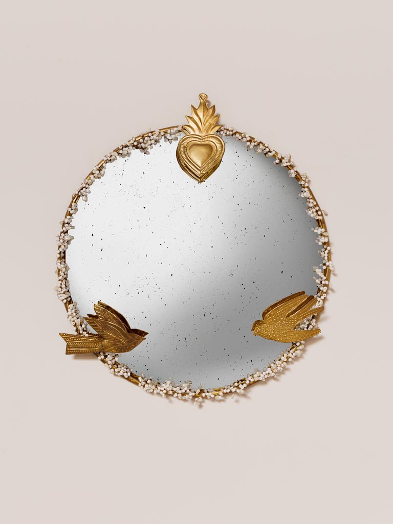 Miroir convexe décor de perles et Ex-voto - 1