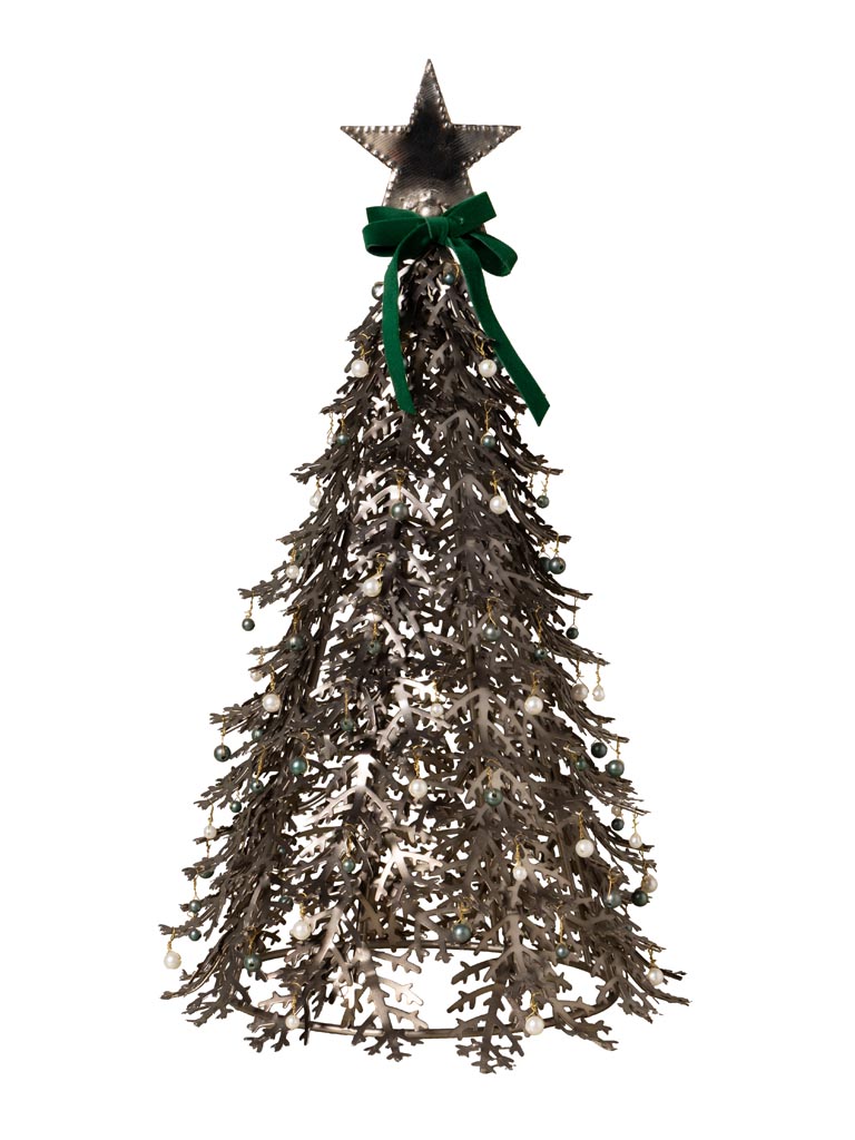 Grand sapin argent avec perles et ruban vert - 2