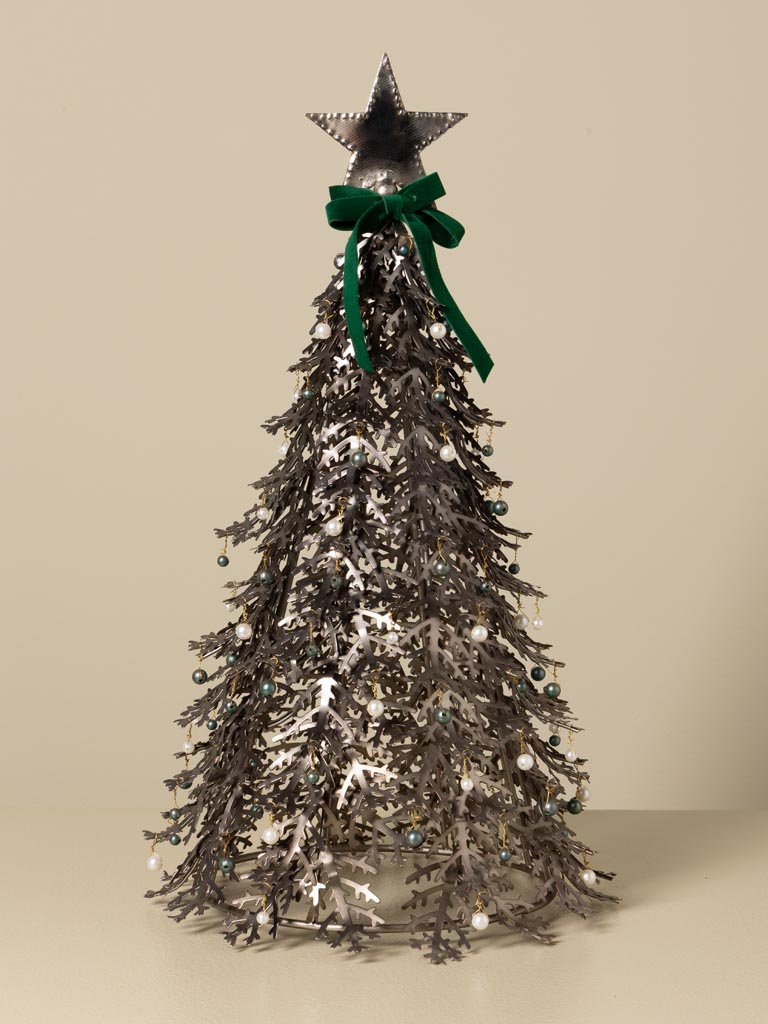 Grand sapin argent avec perles et ruban vert - 1
