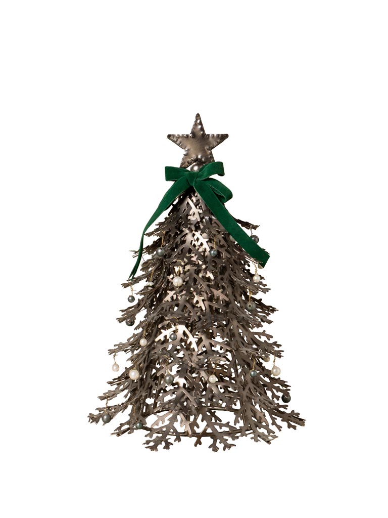 Petit sapin argent avec perles et ruban vert - 2