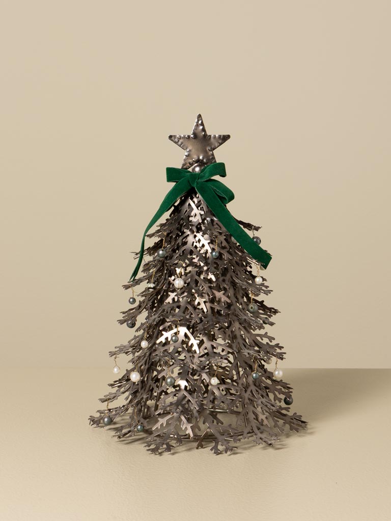 Petit sapin argent avec perles et ruban vert - 1