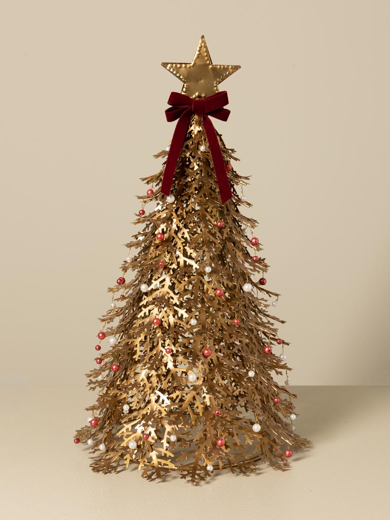 Grand sapin doré avec perles et ruban rouge - 1