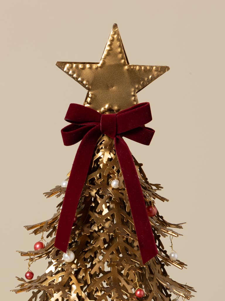 Grand sapin doré avec perles et ruban rouge - 3