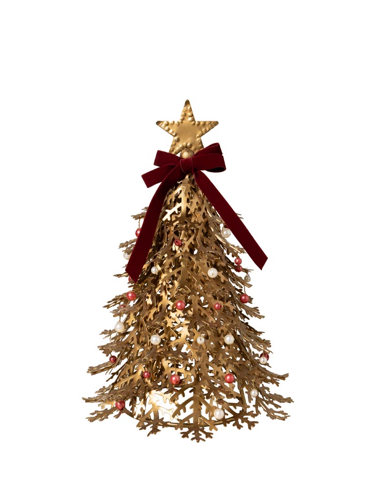Petit sapin doré avec perles et ruban rouge - 2