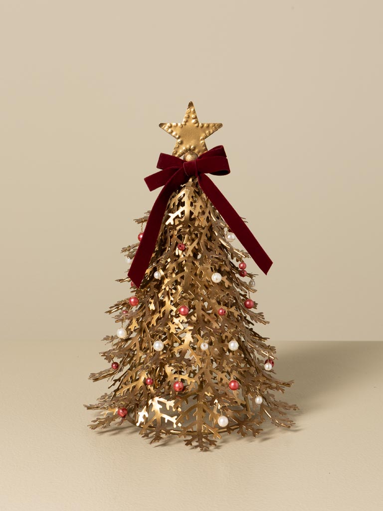 Petit sapin doré avec perles et ruban rouge - 1