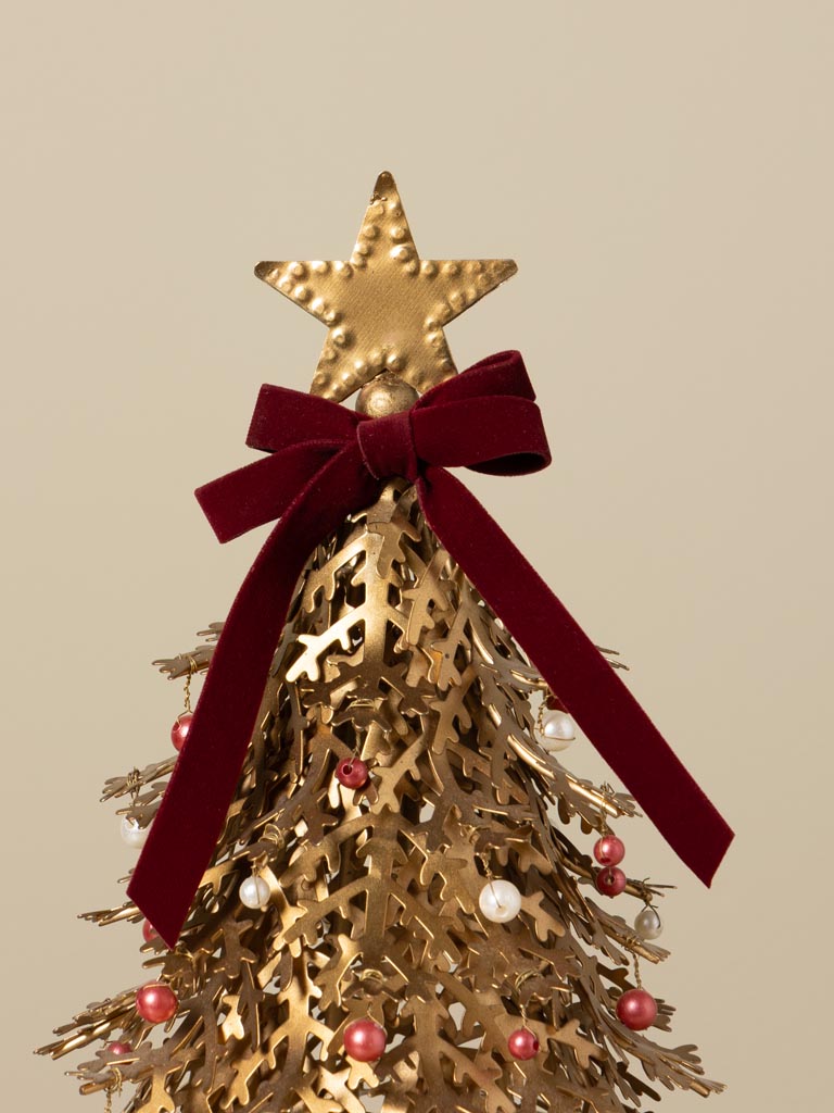 Petit sapin doré avec perles et ruban rouge - 3