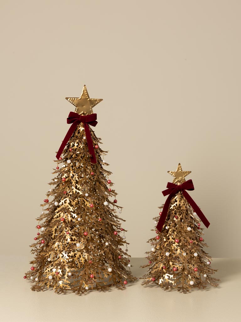 Petit sapin doré avec perles et ruban rouge - 4