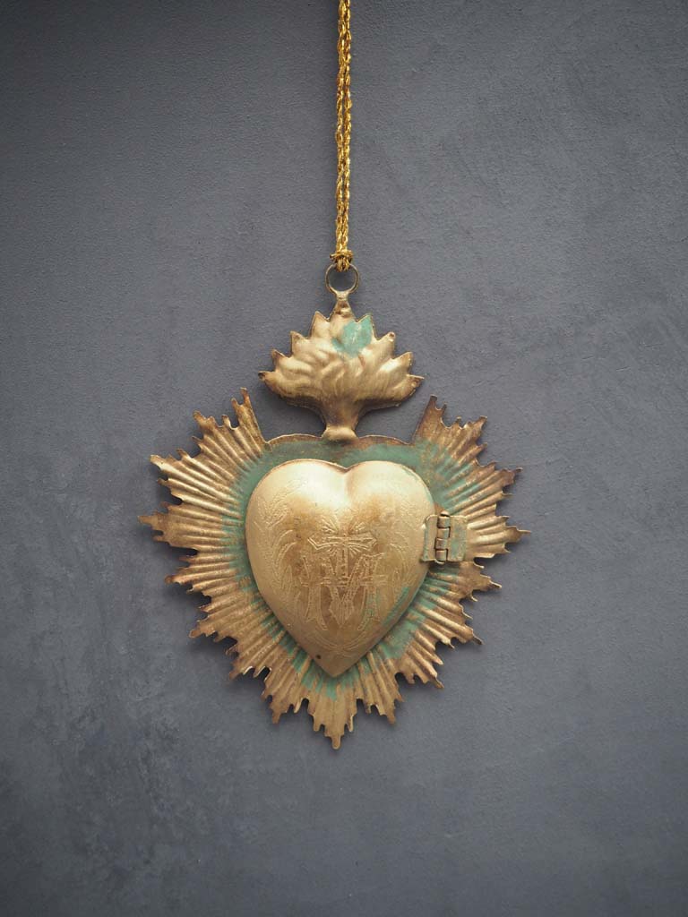 Hanging ex-voto heart box gold verdigris - 1