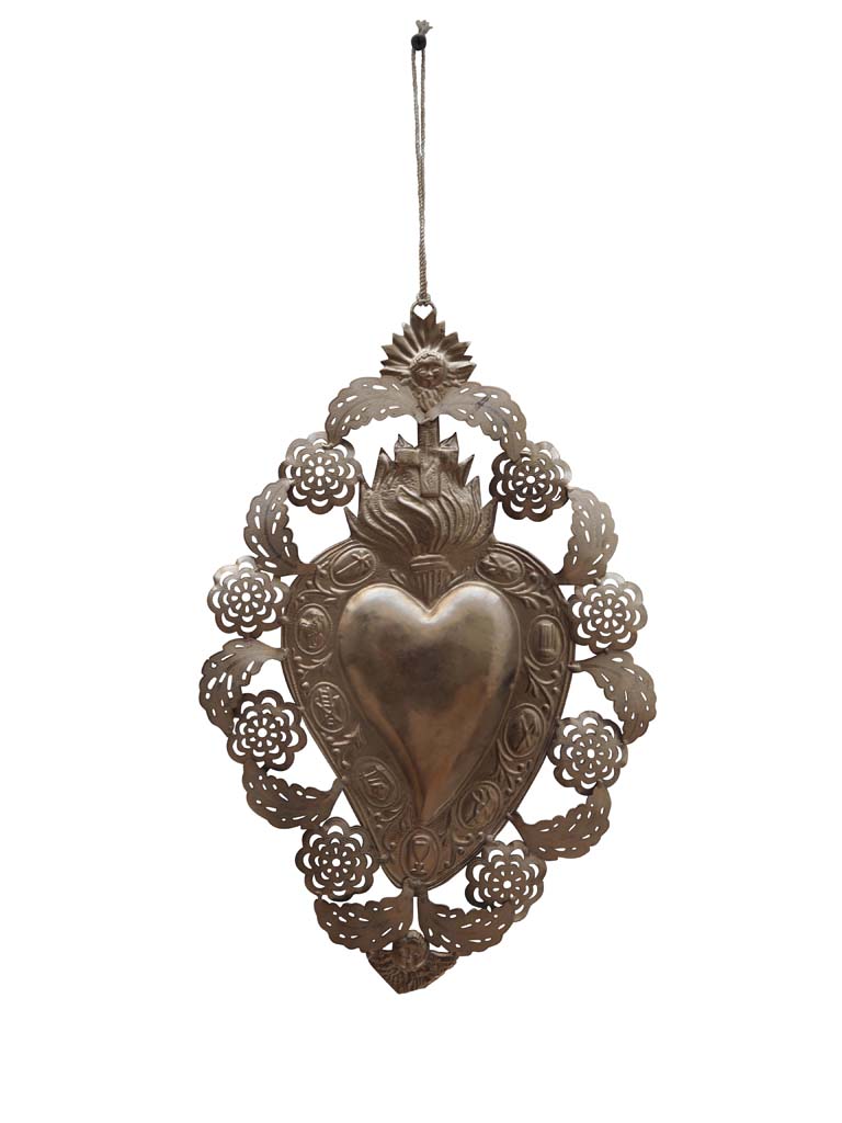 Suspension argentée Ex-voto coeur et fleurs - 2