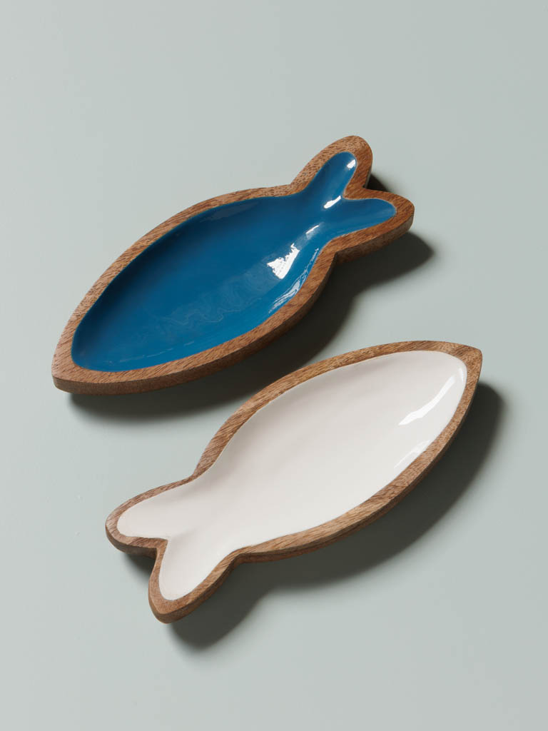 S/2 wooden dishes white and blue fishes - 1