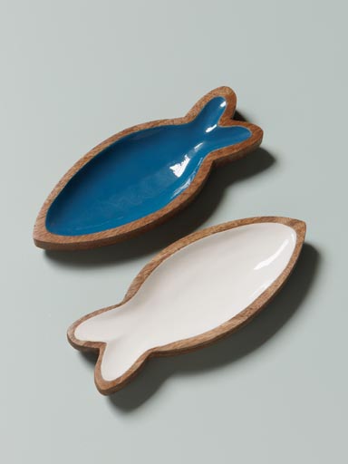S/2 wooden dishes white and blue fishes